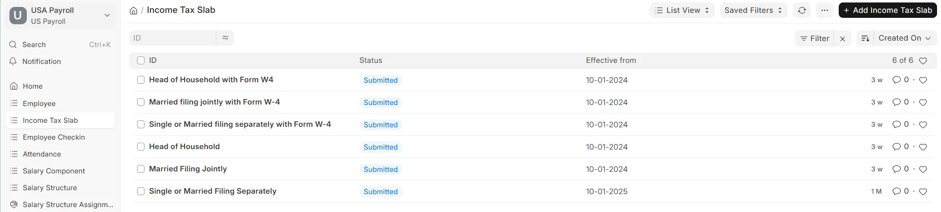 Income Tax Slab list view