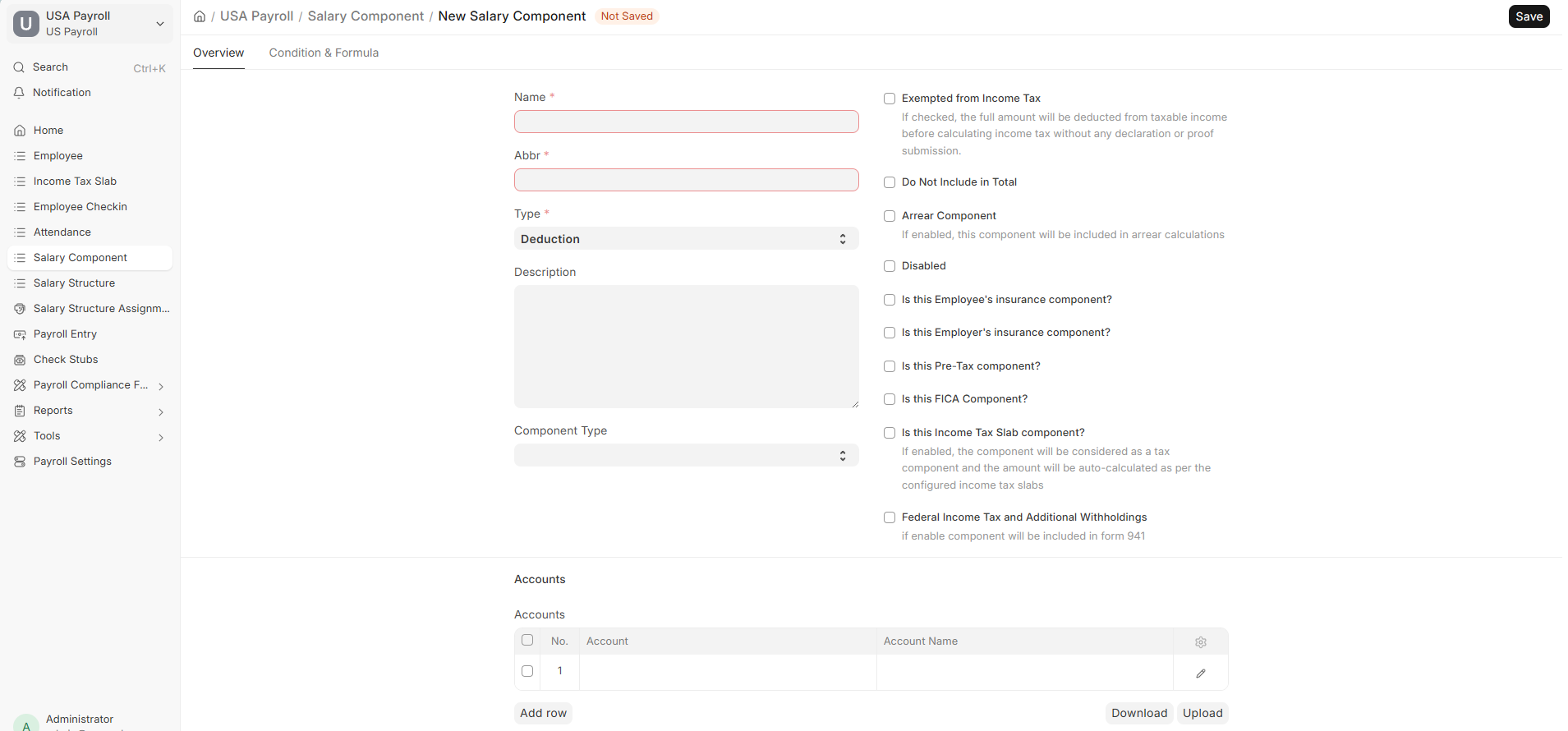 Salary Component configuration options