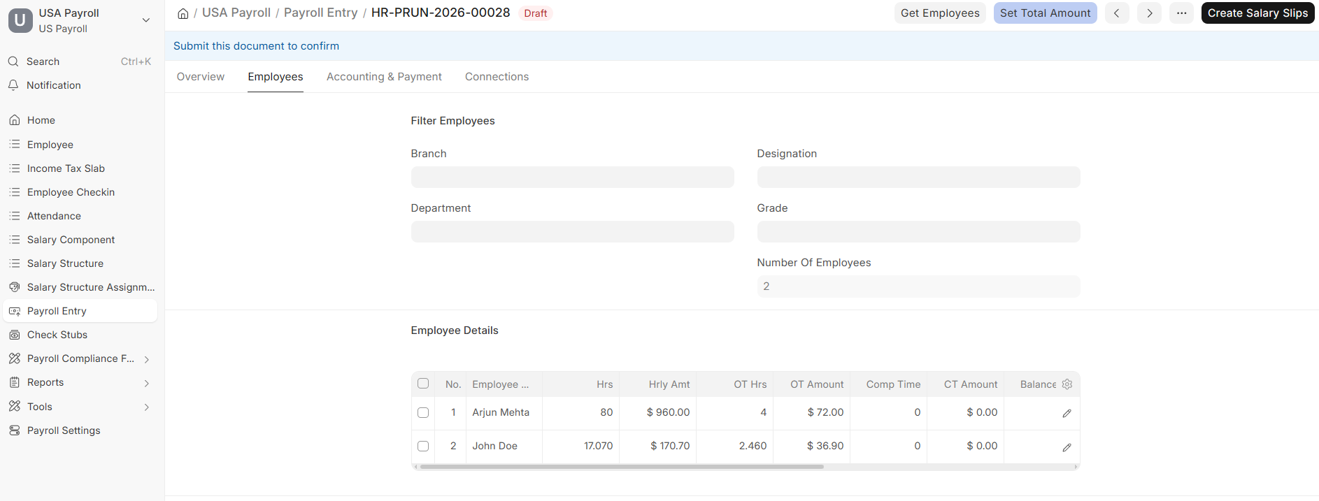 Create Salary Slips from the Payroll Entry