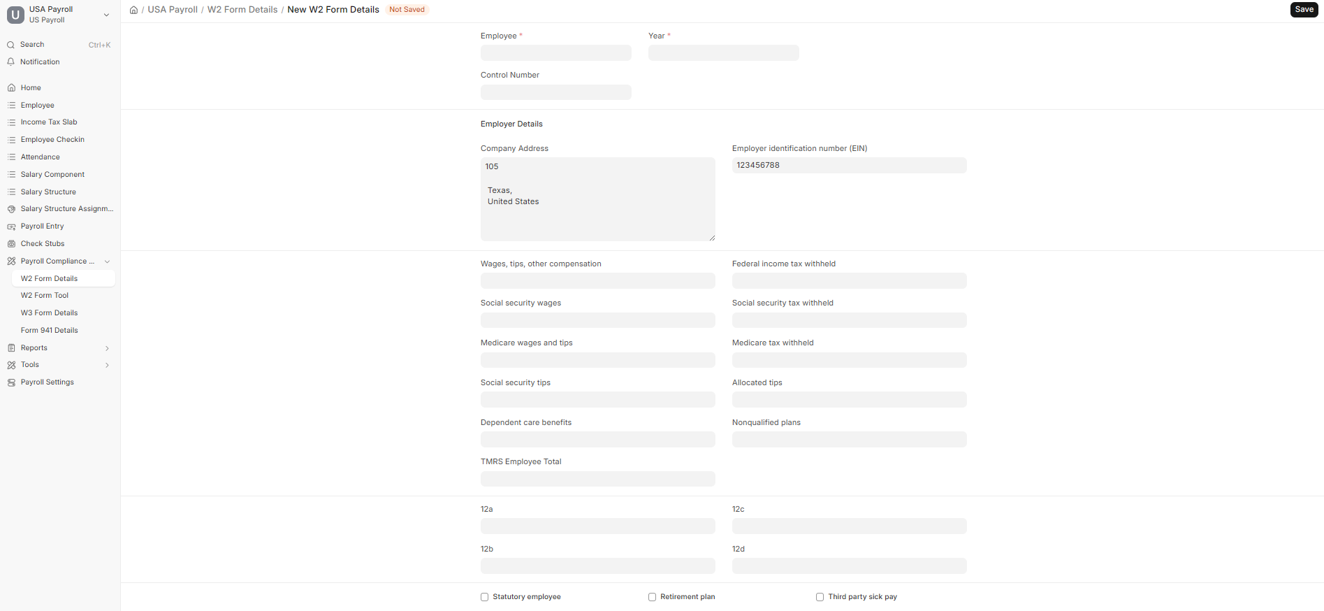 New W2 Form Details form